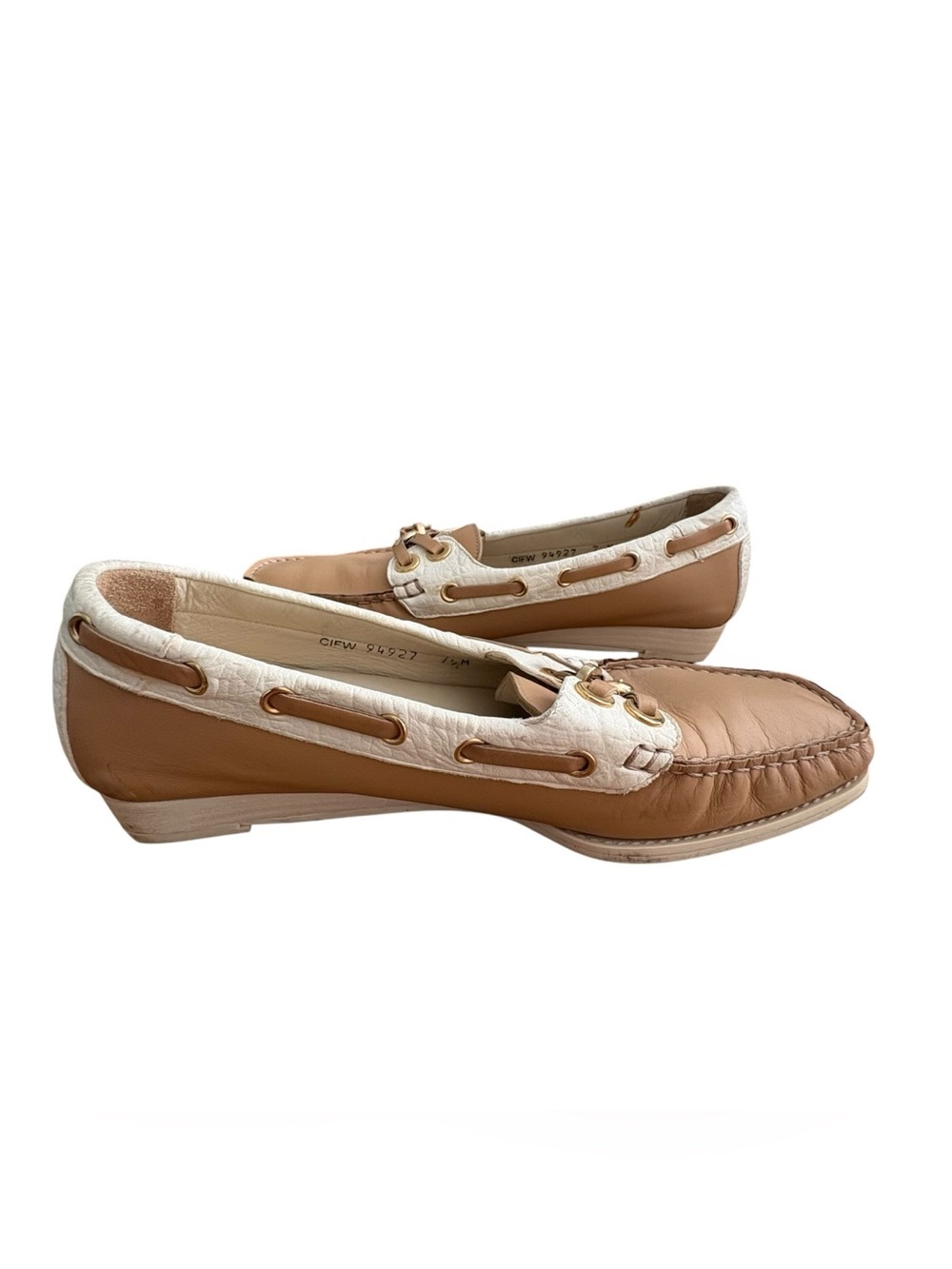 Stuart Weitzman Two-Tone Tan and Cream Leather Top Siders Boat Shoes Loafers